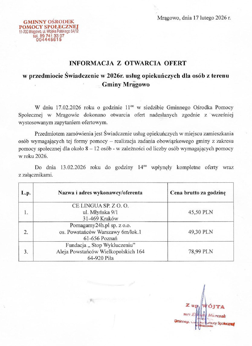 Informacja z otwarcia ofert